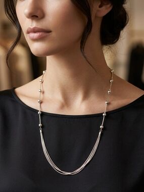 Silver Multi-Strand Liquid Chain Station Necklace Adjustable 17"-20" Excellent C